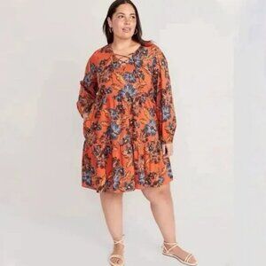 Old Navy Floral Tiered Mini Swing Dress Plus 2X Orange Tie Neck Cottagecore Boho